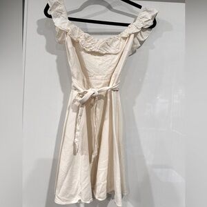 Zara White Linen Sundress Short Off Shoulder Ruffle Tie Waist Dress Size Large